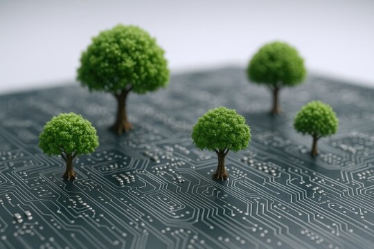 Green Technology Concept: Miniature Trees Growing on a Computer Circuit Board, Symbolizing Sustainable Innovation