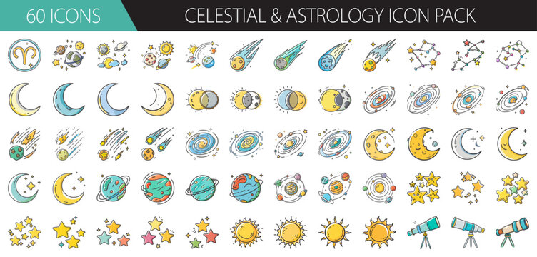 Celestial and astrology icon pack with sun, moon, planets, stars, and constellations vector
