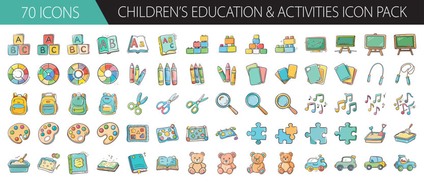 Children's education and activities icon pack with hand drawn style illustrations