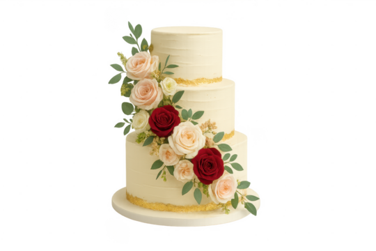 Tiered wedding cake decorated with roses and gold accents