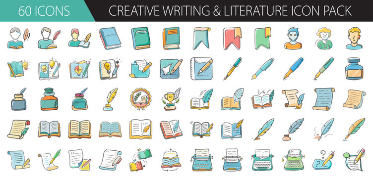 Hand-drawn creative writing and literature doodle icons pack for education, story, books