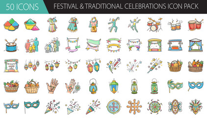 Fifty hand-drawn icons representing global festivals, traditional celebrations, and culture