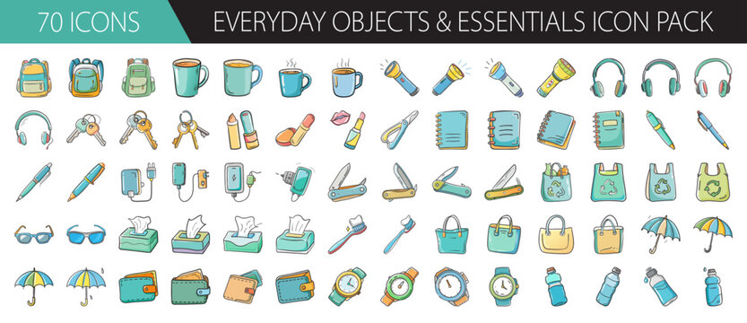 Seventy hand-drawn everyday objects and essentials icon pack illustration set vector