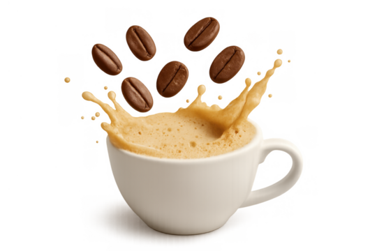 Coffee splash from a white cup with roasted beans falling, showing energy, morning, and fresh beverage on transparent background