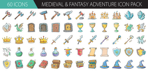 Medieval and fantasy adventure icon pack: axes, swords, castles, dragons, crowns, potions, scrolls