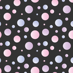 Circles with light pearlescent gradient on dark background.Vector seamless pattern of circles of different sizes with a light gradient on a dark gray background.