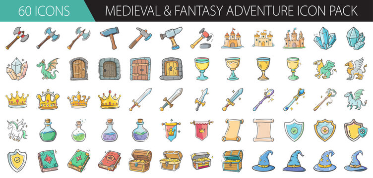 Medieval and fantasy adventure icon pack: axes, swords, castles, dragons, crowns, potions, scrolls