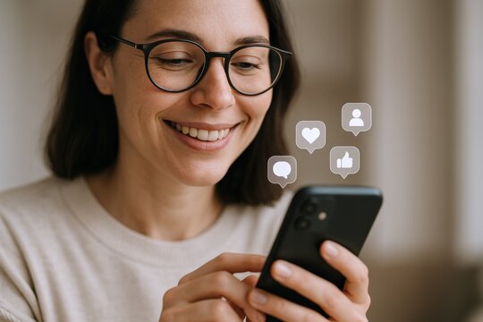 Happy Woman Using Smartphone with Social Media Notifications, Modern Communication and Connection in the Digital Age