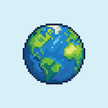 Pixel art earth globe icon. Vector, 8 bit logo for game