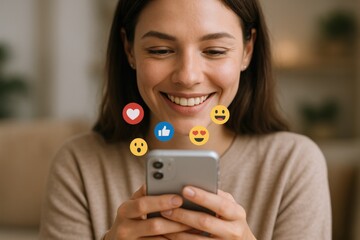 Smiling Woman Engaged with Social Media on Smartphone, Receiving Positive Reactions and Enjoying Online Content