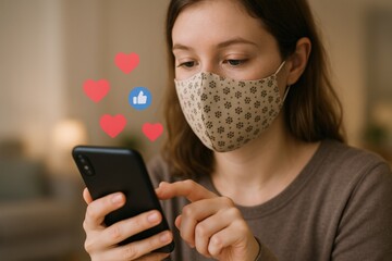 Woman Wearing Mask Engaging with Social Media on Smartphone, Receiving Likes and Hearts Icons