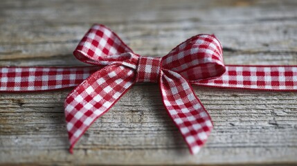 Red and white checkered ribbon tied in a bow on rustic wood background close up