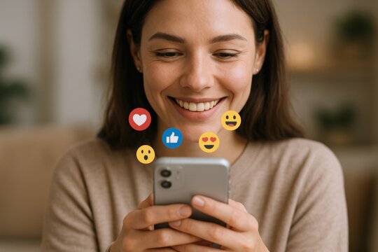Smiling Woman Engaged with Social Media on Smartphone, Receiving Positive Reactions and Enjoying Online Content