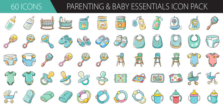 Parenting and baby essentials icon pack vector illustration featuring childcare items set