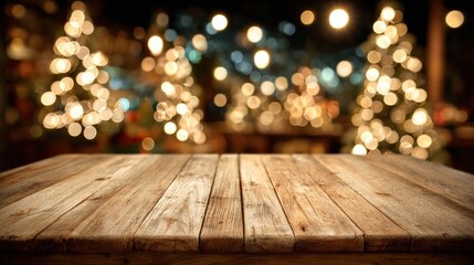 Festive Christmas Background with Wooden Table, Ideal for Product Display and Holiday Season Promotions