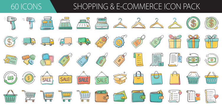Hand-drawn shopping, retail, and e-commerce icons pack for online stores and businesses setup.