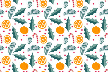Christmas Seamless pattern. Hand drawn doodle Repeated print for textile, wrapping, wallpaper, menu. Doodle, Merry Christmas and Happy New year vector winter plants, Christmas decorations, tangerines.