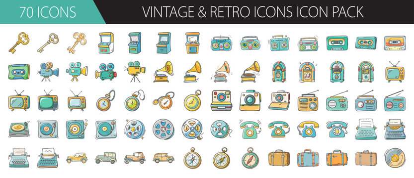Seventy vintage and retro hand-drawn icons pack: collection of classic nostalgic objects