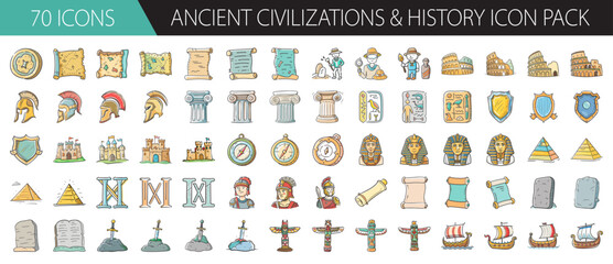 Ancient civilizations and history icon pack: hand-drawn doodle style elements vector art