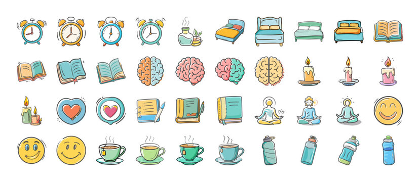 Daily routine, wellness, education doodle icon set featuring self care and mindful elements