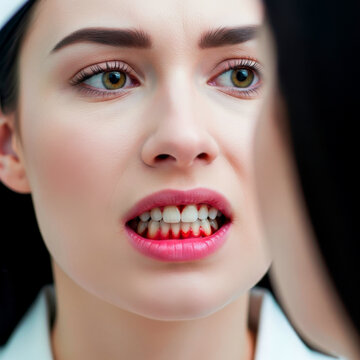 Woman with concerned expression looking at her red bleeding gums for dental health concepts