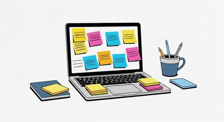 Colorful sticky notes on laptop in minimalist acrylic style representing ADHD and anxiety organization against white background