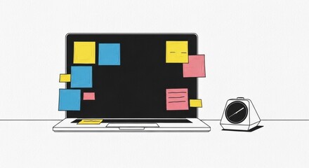 Minimalist acrylic sketch of laptop with colorful sticky notes and timer on desk, representing ADHD and anxiety management in a clean, modern workspace