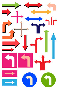 Colorful arrow icons PNG set featuring straight, curved, left, right, up, down, and multi-direction arrows. Bright vector symbols perfect for infographics, signs, UI design, maps, and digital projects