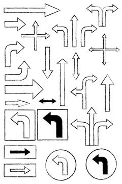 Hand drawn, textured arrows vector collection directional symbols including straight, curved, diagonal, turn indicators in various styles for navigation, flowcharts, and instructional graphics.