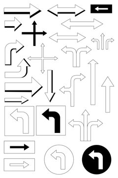 Set of arrows. Vector collection directional symbols including straight, curved, diagonal, turn indicators in various styles for navigation, flowcharts, and instructional graphics.