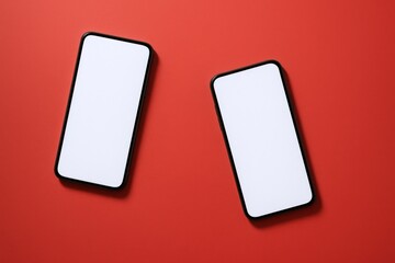 Two Modern Smartphones Mockup on Red Background: Ideal for App Promotion and UI Design Presentation
