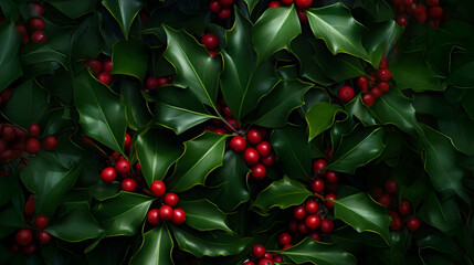 Obraz premium Abstract background with green Holy Berry leaves and baubles. Horizontal composition.