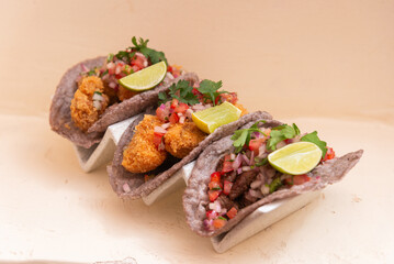 Delicious fresh  Tacos with seafood and beef