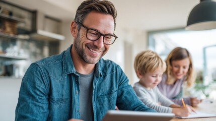 Happy Father Using Tablet With Son Drawing and Mother Drinking Coffee at Home