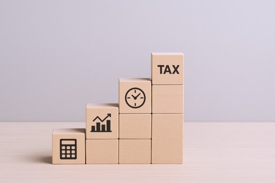 Tax Planning Concept: Wooden Blocks with Calculator, Graph, Clock, and Tax Text, Representing Financial Growth and Time Management
