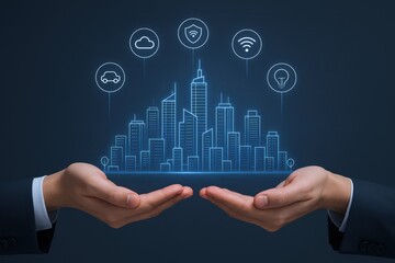 Smart City Digitalization Concept: Human Hands Holding Futuristic Cityscape with Connected Technology Icons on Blue Background