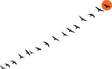 Minimalist Flock of Migratory Birds Silhouette Flying Towards Setting Sun, Diagonal Movement Vector Illustration, Freedom, Travel, and Nature Concept, Isolated White Background Graphic.