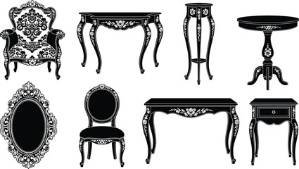 Ornate Baroque and Rococo Furniture Silhouette Collection, Vintage Armchair, Decorative Mirror, Console Table, and End Table Vector Set, Luxury Antique Interior Elements