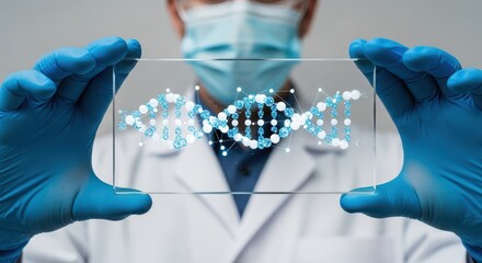 Genetic Research and DNA Analysis Concept. Scientist in Lab Coat and Gloves Holding Transparent Screen with Digital Double Helix Structure for Biotechnology and Genome Study.
