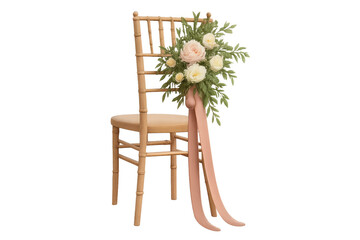 Wedding chair decoration with roses, ribbon, and greenery