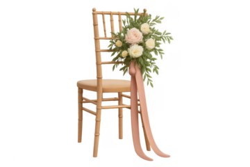 Wedding chair decoration with roses, ribbon, and greenery