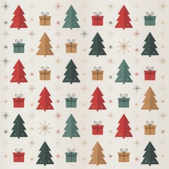 Obraz premium Seamless Christmas pattern featuring green and red trees, gold ornaments, snowflakes, and wrapped gifts. Light beige backdrop with evenly spaced holiday symbols.