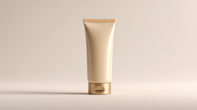 Soft beige cream skincare tube on beige background. Beauty products or cosmetics mockup.