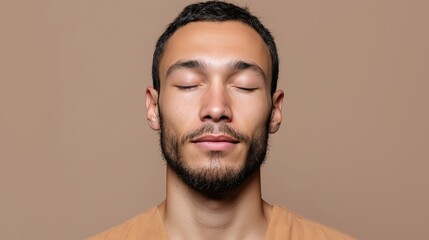 Calm young caucasian male with closed eyes and beard against brown background
