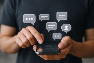Close-up of hands holding smartphone with chat bubbles, symbolizing communication and digital interaction with connection