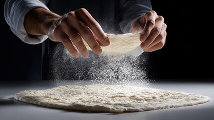 Male hands preparing dough with flour dusting in kitchen