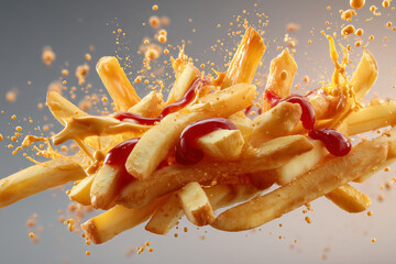 Flying French Fries with Cheese Sauce and Ketchup Splash — Dynamic Food Collision Shot