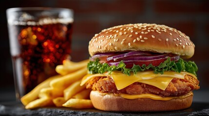 Crispy chicken burger with cheese, fries, and soda in restaurant setting