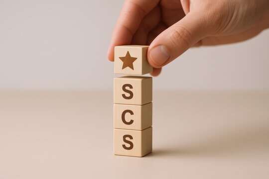 Hand placing star block on top of SCS blocks, signifying success, achievement, or service excellence