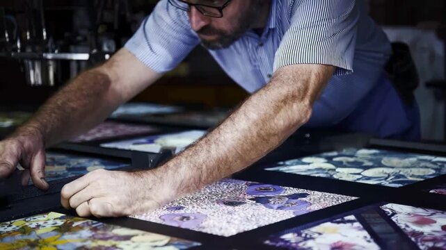Textile printing workflow captured midaction as artisans apply digital graphics on various fabrics including cotton silk and polyester with precision equipment